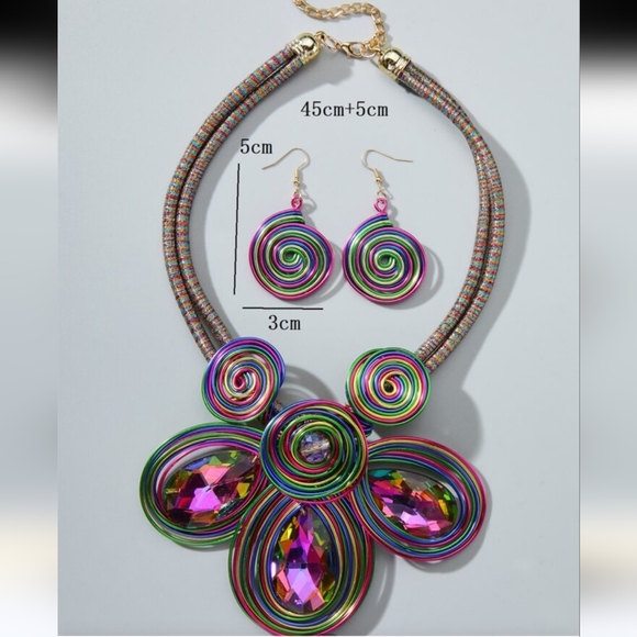 Huge statement necklace earrings rhinestones wire colorful NEW - Picture 9 of 14